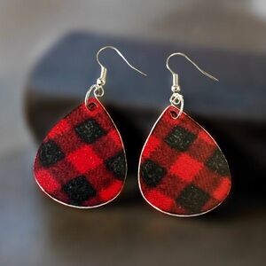 ⭐️ 5 for $25 Wood Festive Red & Black Buffalo Plaid Teardrop Christmas Earrings